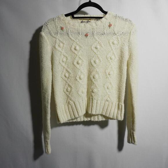 Vintage Cottage Crochet Knit Sweater Cream Pink Flowers‎ Gma Prairie Fairy Sz S - Picture 1 of 4